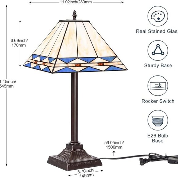 Tiffany Style Table Lamp, Vintage Bedside Nightstand Lamp w/Square Stained Glass - Picture 2 of 5